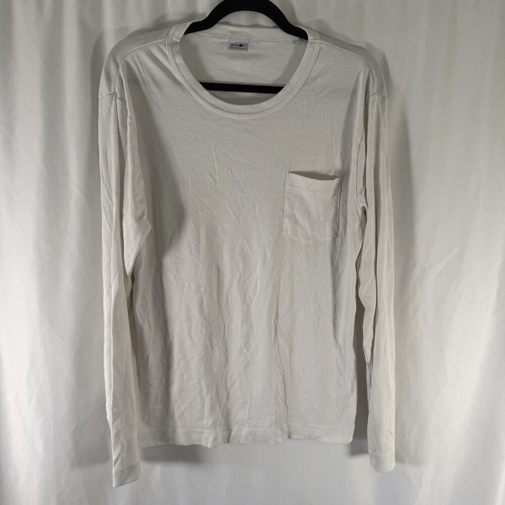 NNO7 No Nationality T-Shirt Women's Large White Long Sleeve Pocket Round Neck